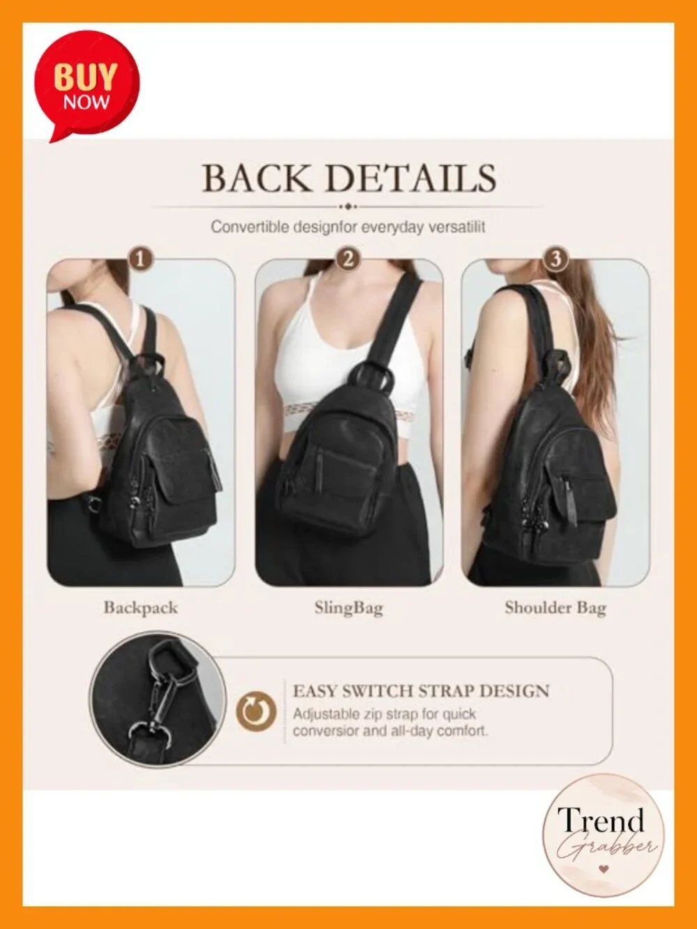 Women's Faux Leather Convertible Backpack Purse, Anti-Theft Sling Bag